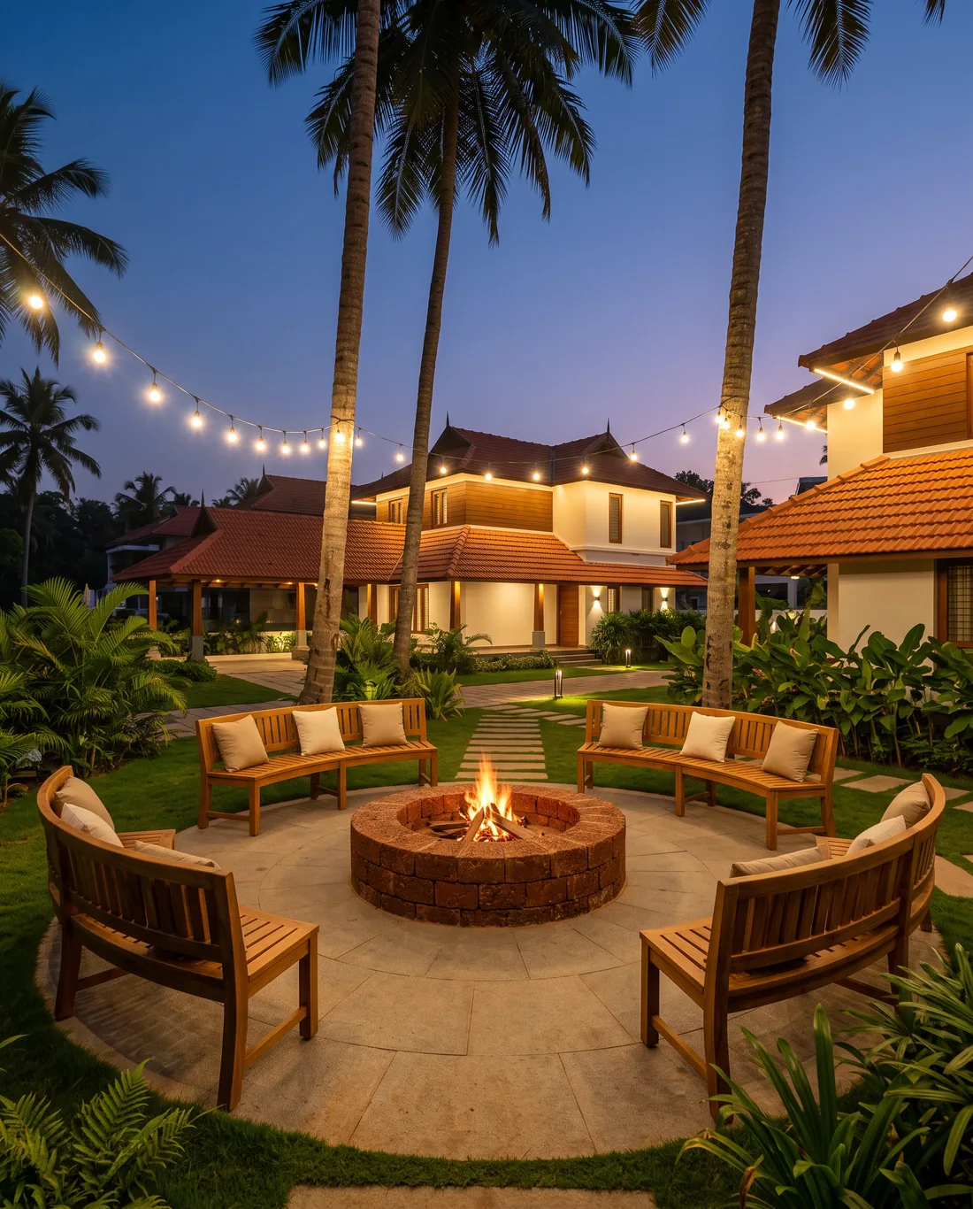 The campfire arena with benches around a stone fire pit at twilight.