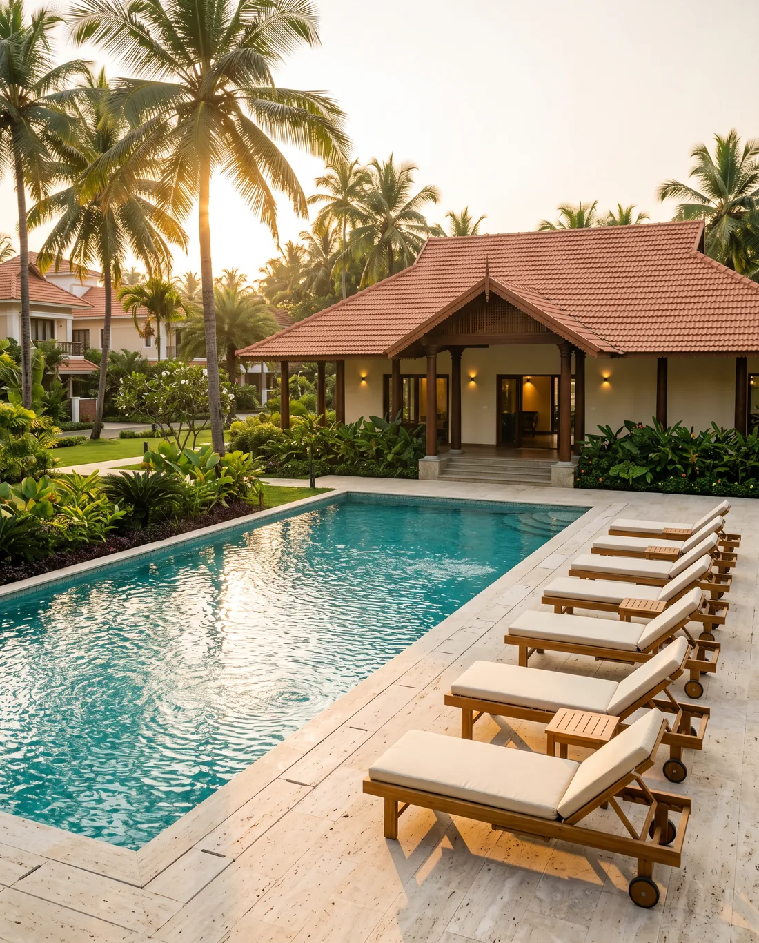 The swimming pool, with sun loungers and the tiled clubhouse beyond.