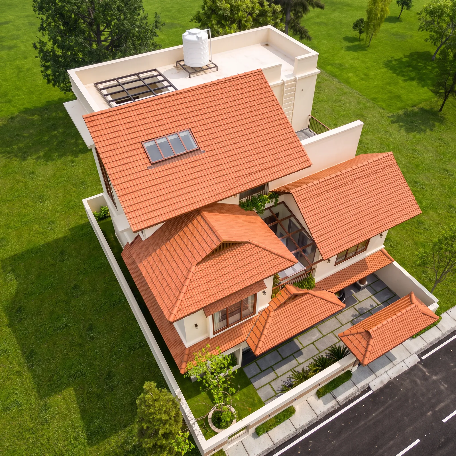 The tiled roofs of a villa seen from the sky. Artist's impression.