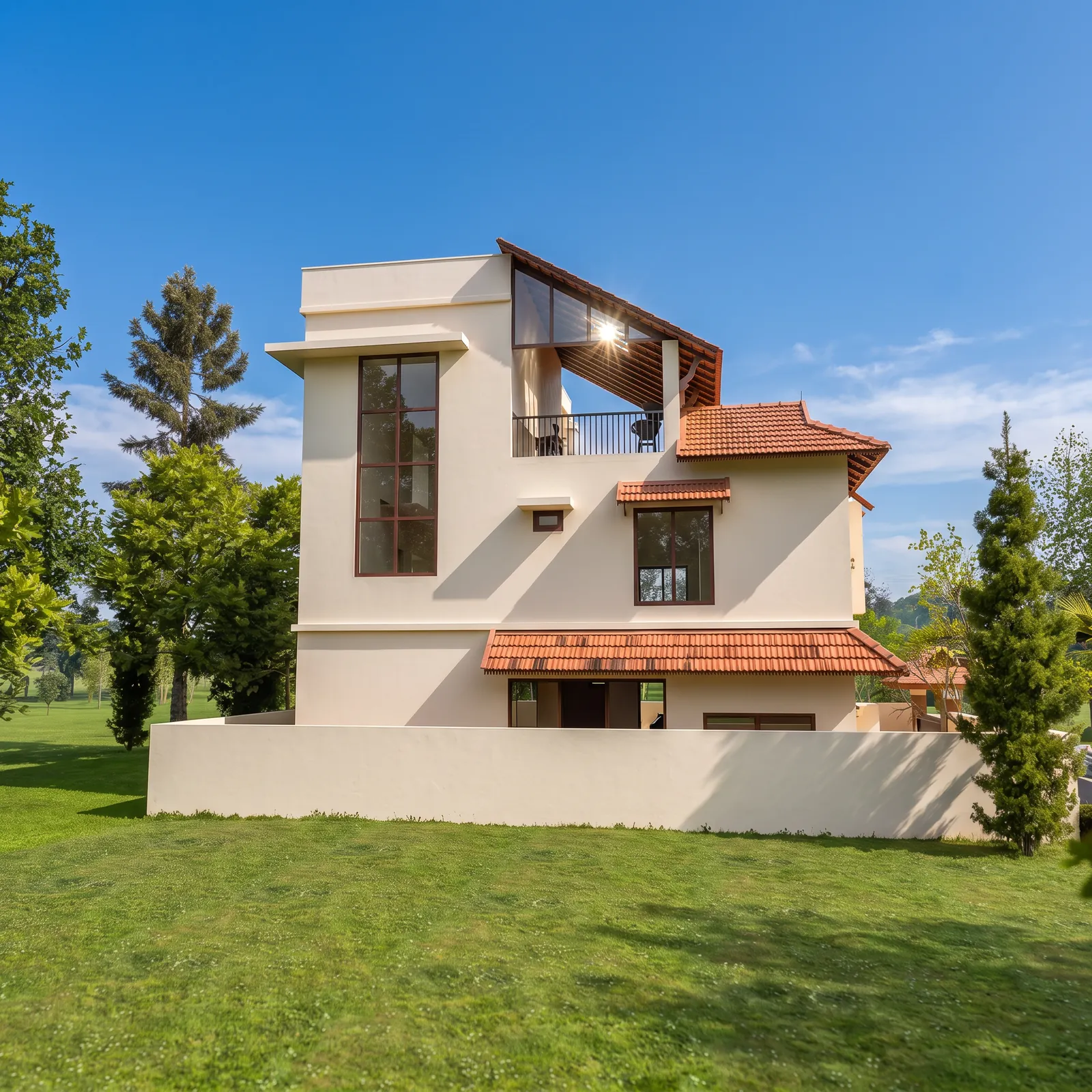 The garden side of a villa. Artist's impression.