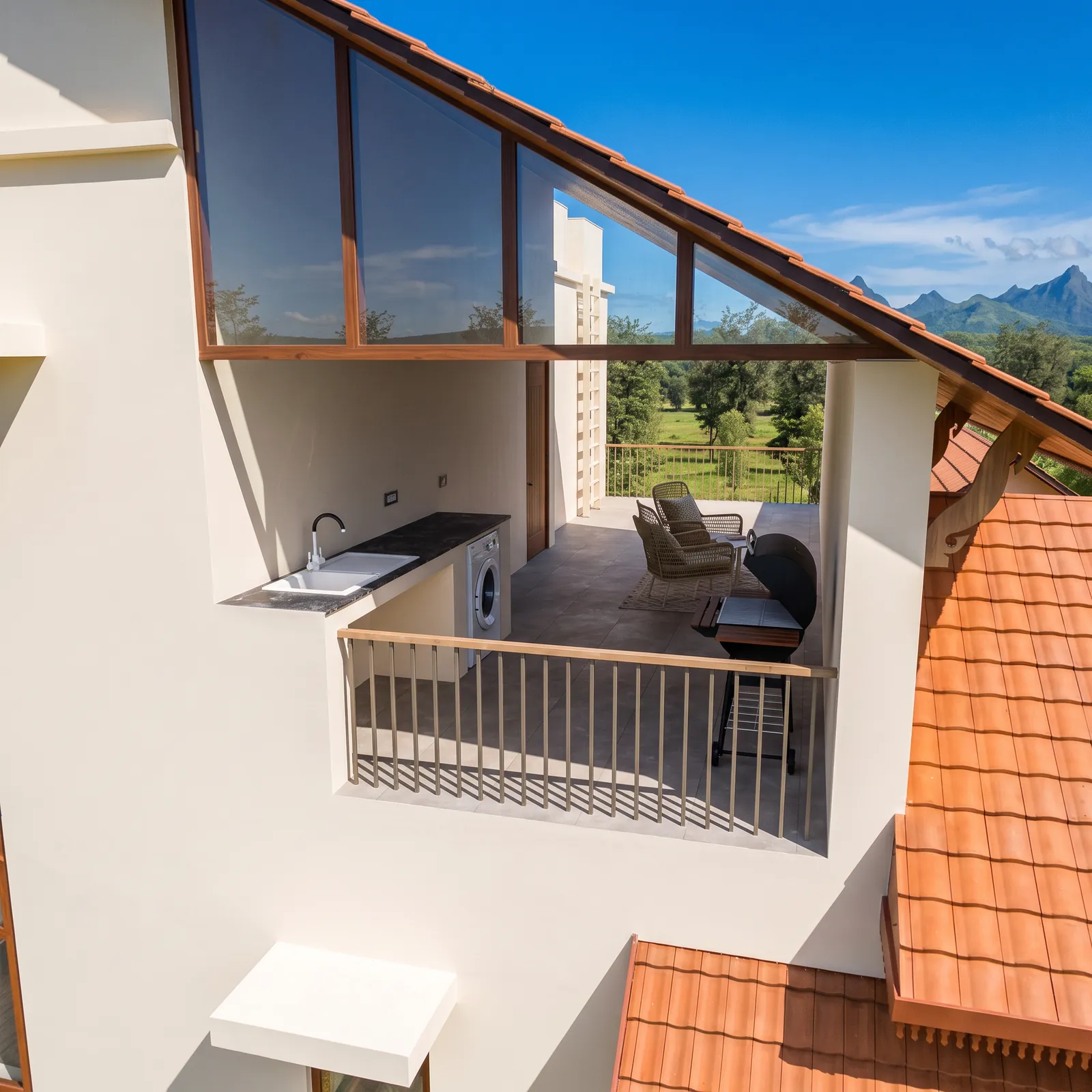 The roof terrace beneath a sloping glass roof. Artist's impression.