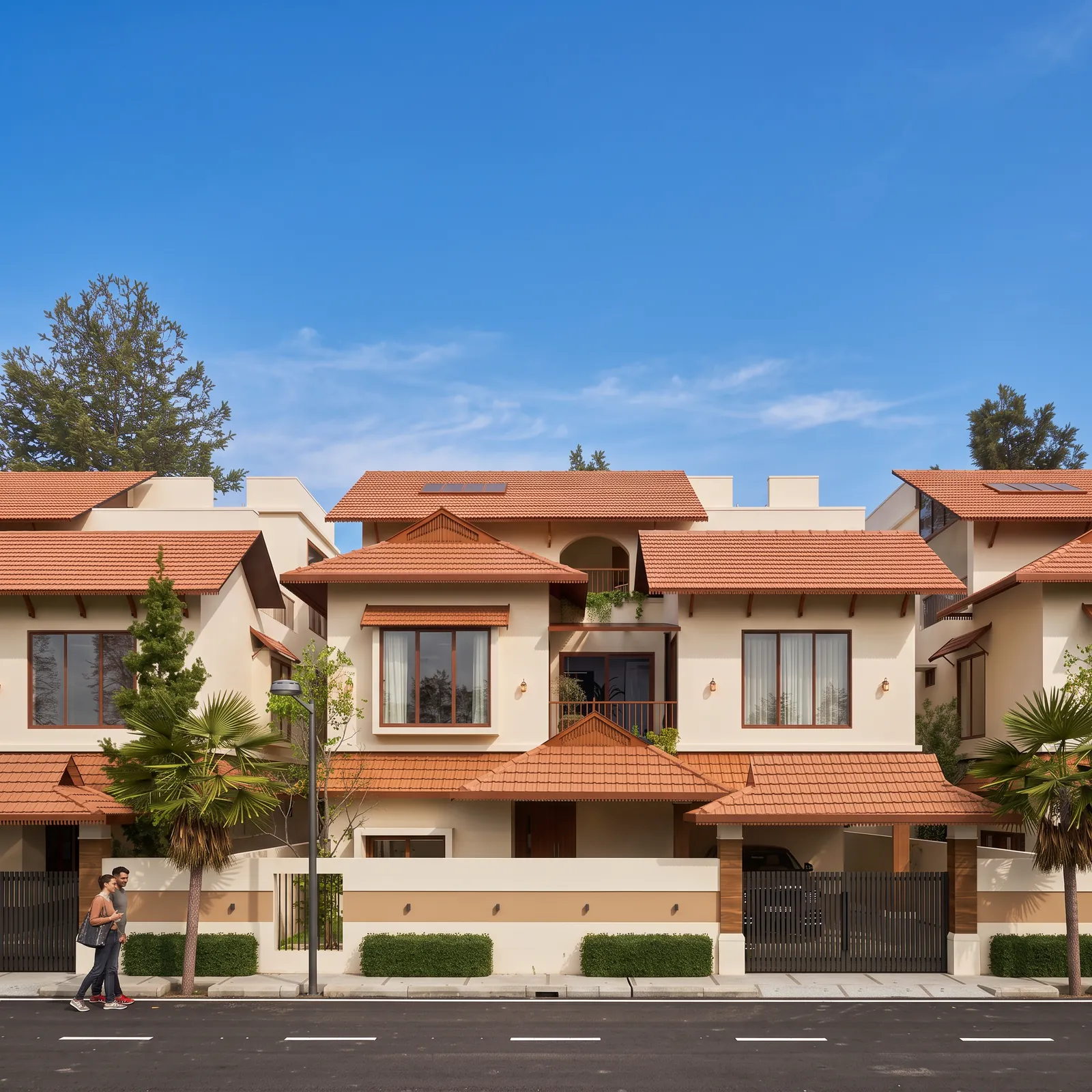 Three villas side by side along the road. Artist's impression.