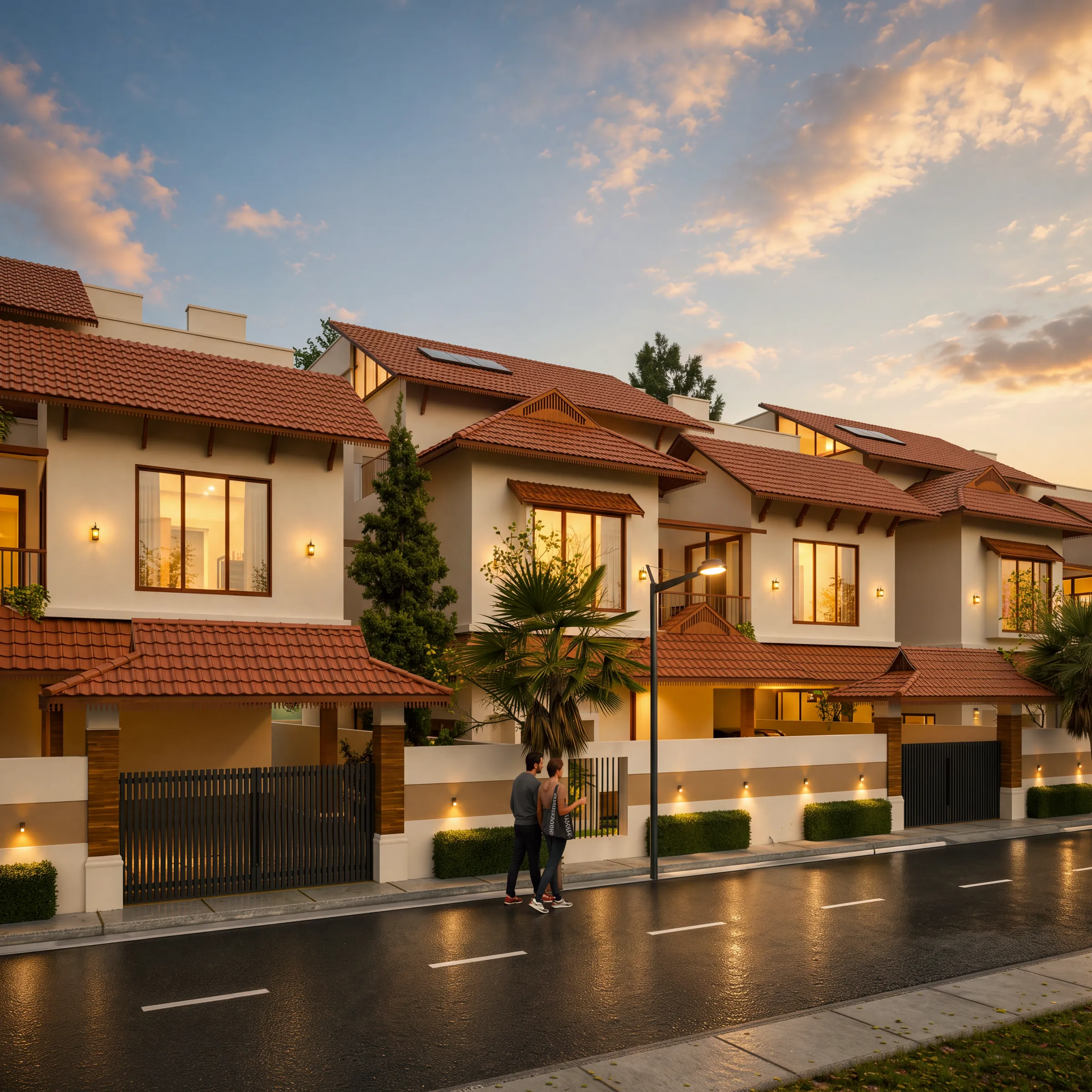 A row of Avani villas at dusk, lamps glowing along the compound walls. Artist's impression.