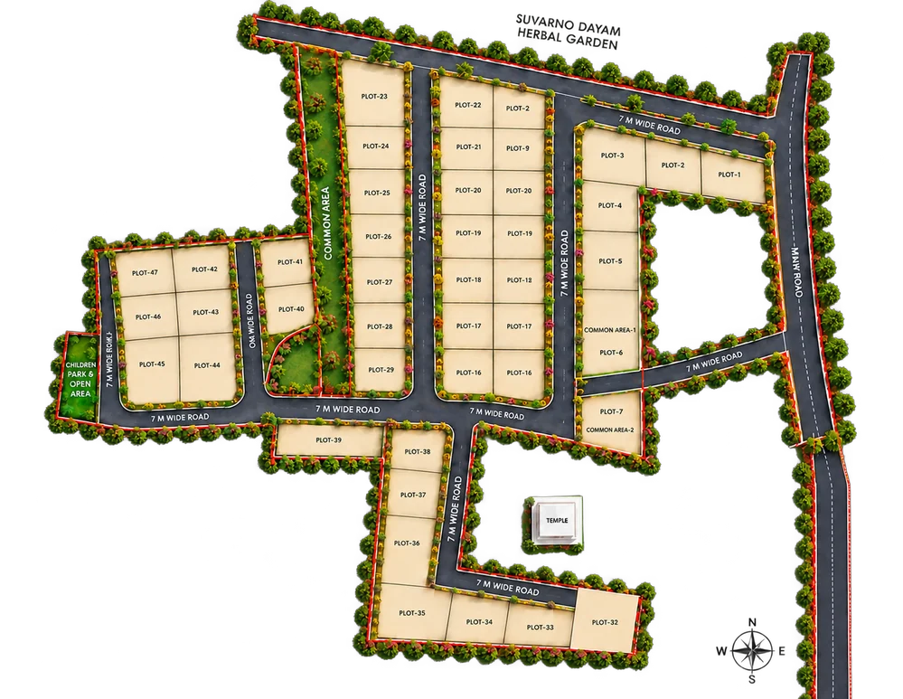 Site plan of Avani Villas: 42 plots along internal roads, with green spaces around them. Indicative.